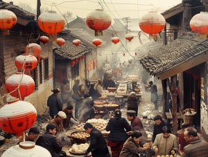 农村喜气洋洋迎新年的场景，人们团聚一堂，张灯结彩，一起包饺子，欢声笑语填满空气。背景设定在中国90年代的农村，整个画面采用富士相机风格，颜色饱和度高，有种淡淡的怀旧感，同时细节丰富，能够体现出当时的生活面貌和浓浓的过年气氛，写实，中国90年代风格，富士相机