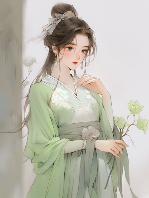 中国风古代女人手持浅绿色手帕