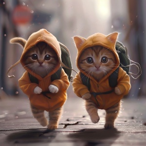 两只穿着帽衫的小猫背着背包在街上奔跑，以何家英的风格，逼真的栩栩如生的人物，淡橙色和栗色，我不敢相信这是多么美丽，精心设计
