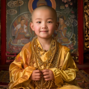 可爱的三岁中国小和尚微笑着展示精致五宫