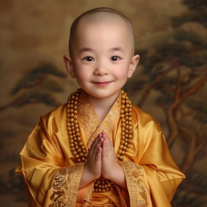 可爱的中国小和尚微笑展示其精致五宫和佛教背景