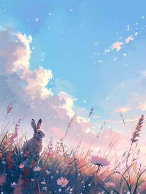 手机壁纸：晴空万里、草地、花朵小兔子