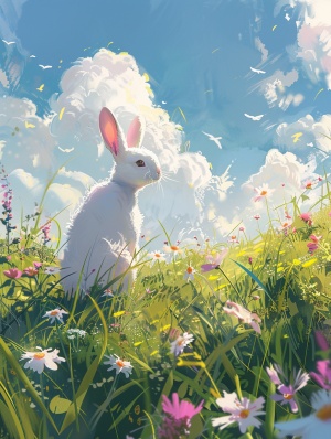 手机壁纸：晴空万里、草地、花朵小兔子