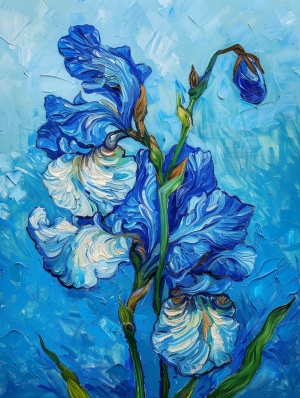 兰花与青蓝天空，后印象派梵高风格油画