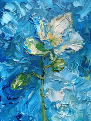 一幅油画，后印象派梵高风格，一朵盛开的兰花，青蓝色的天空，厚厚的油画涂料勾画出花瓣的层次，浮世绘风格，颜色蓝白绿色为主，超高清画质，32K