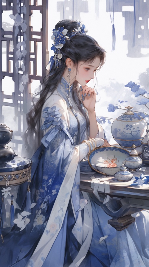中国古代明代风格，一个女孩若有所思的坐在桌子前看向远方 中景唯美风格，着宝石蓝颜色的华服，头戴头饰