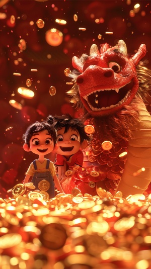 皮克斯动画风格的红色背景中的男孩、女孩和中国红色龙与金币的精美3D渲染