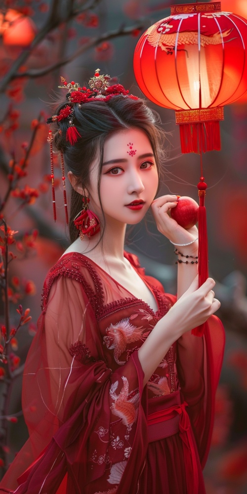 中国美女，举着红灯笼，美女五官惊艳，瓜子脸，杏核眼，樱桃小嘴，红色汉服薄纱裙，红丝带飘逸，举着红灯笼，跳舞，整个画面红色基调，照片风格，超高清画质。