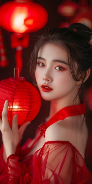 中国美女举着红灯笼，五官惊艳，汉服裙飘逸