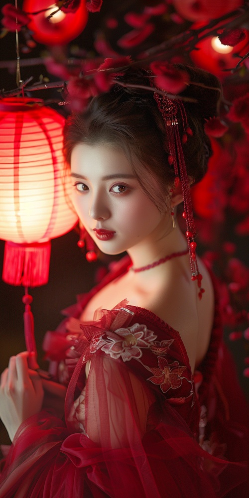 中国美女，举着红灯笼，美女五官惊艳，瓜子脸，杏核眼，樱桃小嘴，红色汉服薄纱裙，红丝带飘逸，举着红灯笼，跳舞，整个画面红色基调，照片风格，超高清画质。