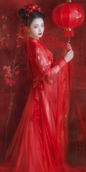 中国美女举着红灯笼，五官惊艳，汉服裙飘逸