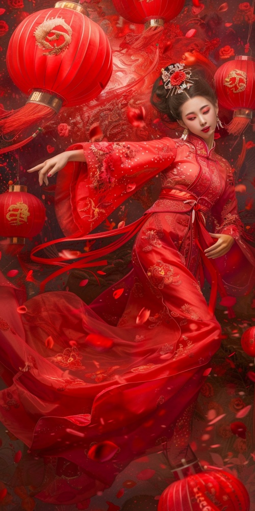 中国美女，举着红灯笼跳舞，美女五官惊艳，瓜子脸，杏核眼，樱桃小嘴，红色汉服薄纱裙，红丝带飘逸，举着红灯笼，跳舞踢腿跳跃动作，整个画面红色基调，照片风格，超高清画质。