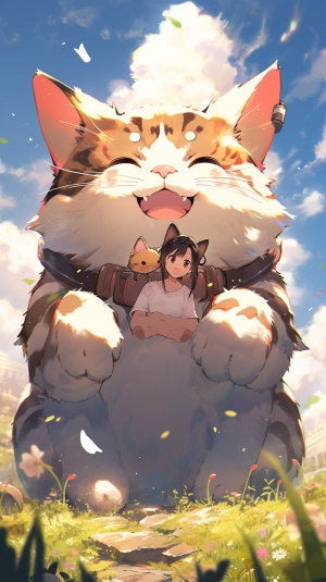 巨大猫与微笑小女孩的梦幻插图