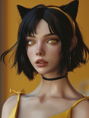 vibrant colors, female, masterpiece, sharp focus, best quality, depth of field, cinematic lighting, solo, one woman, illustration, 8k CG, extremely detailed, ultra-detailed, black hair 1.1, cat ears 1.2, bob cut, yellow eyes 1.07, blush 1.2, detached sleeves 1.2, maid headdress 1.2