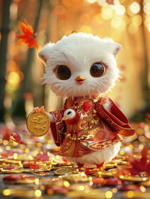 Adorable Chicken in Red Hanfu with Golden Coins