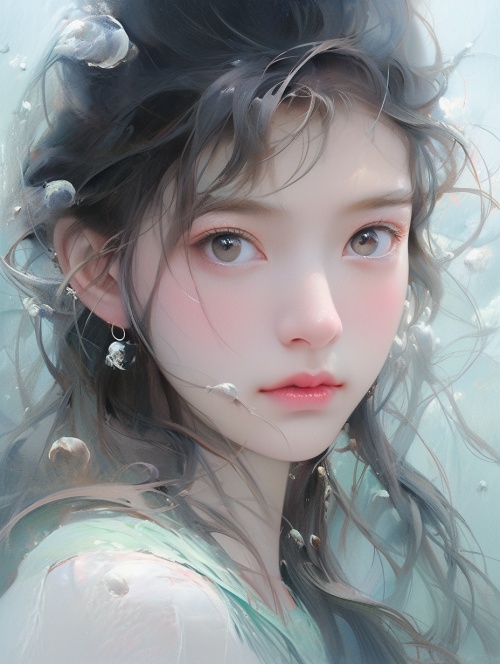 水色，明亮的色调，这是一个20岁美丽的中国女孩的特写，正面肖像，风格由岛秀美。这幅画描绘了脸上有水的女孩，柔和的灯光强调了她天真纯洁的眼睛，突出了每一个细节。超高清画质，32K