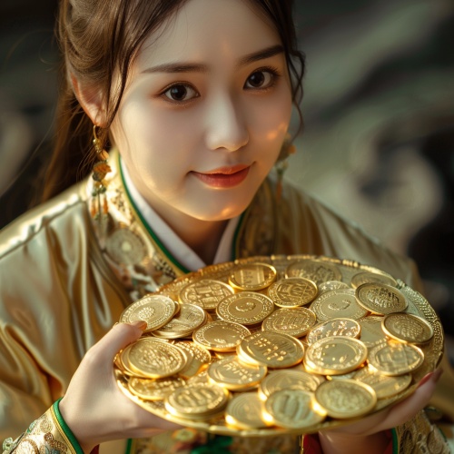 清纯中国人美少女4K手拿一大盘金币真实照片