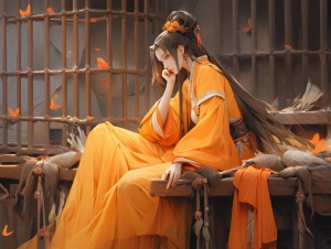 中国古代地牢中的橙黄色古风美女