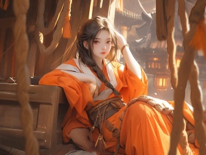 中国古代场景，一个女子，手被绳子捆住了，脚也被绳子捆住了，坐在地牢里，一身橙黄色的衣服，古风美女，高清画质，32K uhd
