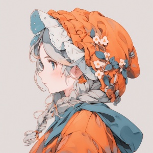 淡蓝橙色，一个小女孩，精致短裙