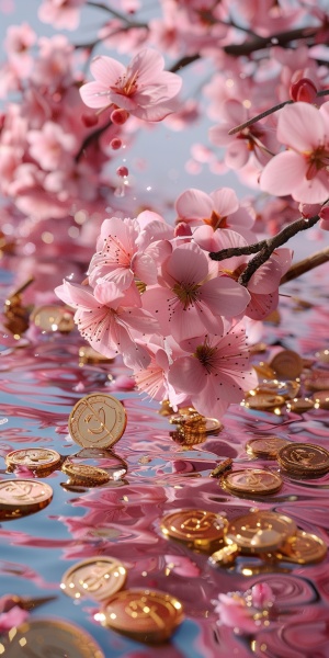 一大堆金币从粉色的桃花中掉落，粉蓝色的水上面漂浮了金币和花瓣，水面被金币砸出水花