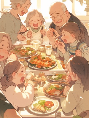 六人家庭欢聚，快乐温馨的超高清聚餐
