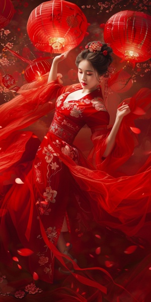 中国美女举红灯笼舞动婀娜身姿