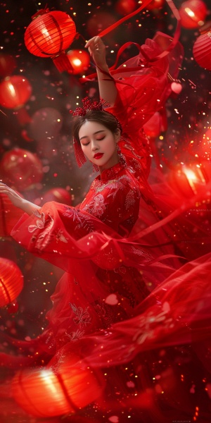 中国美女举红灯笼舞动婀娜身姿