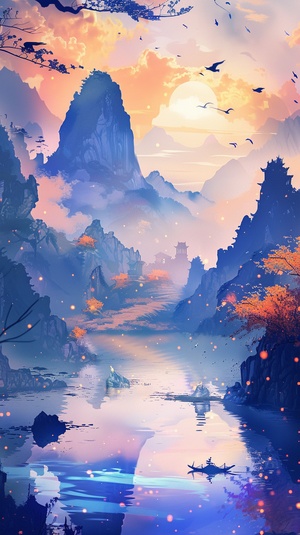 Guofeng scenery, with Klein Blue Mountains and golden mountains as border illustrations, presents a simple, elegant, and romantic landscape. It showcases bioluminescence, silk painting, and the style of Yibin art, which is meticulous and high-definition ar 9:16 v6.