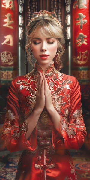 泰勒·斯威夫特身穿红色中式服装微笑祝贺中国春节