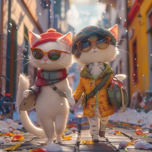 雪后的早餐，一只白猫和一只花猫，直立走手牵着手在大街上，分别头戴棒球帽戴墨镜、背着小书包 脸上有这不同的笑容，全镜头，4k，3d迪斯尼风格。