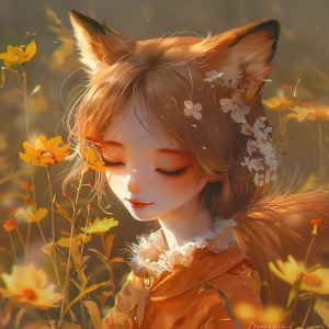 可爱的狐狸少女，花卉，印象派，卡通，8k超高清，浅琥珀色和橙色，逼真的，超细节渲染，超细节