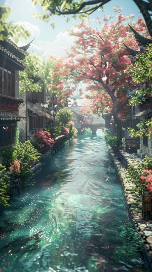 江南古镇，超广角细节描绘的真实花景