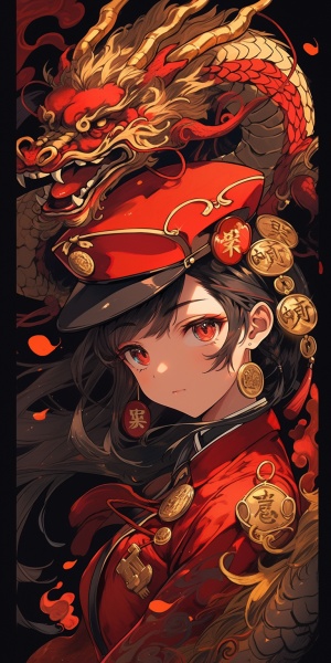 中国龙帽子红衣金币背景少女