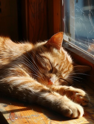 一只橘猫趴在桌上，睡懒觉，窗边，阳光照在身上，光线充足，细节充分