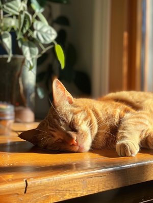 阳光下的橘猫在桌上享受懒觉