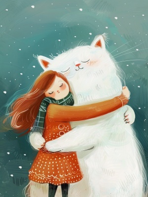 Cute Girl and Giant White Cat: Happy Doodle Illustration