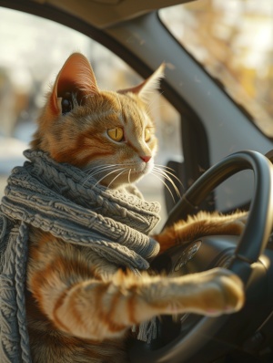 可爱黄猫驾驶座位开车，光线充足，8k超真实