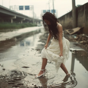 湿发女神穿白裙，差点倒地在大马路上