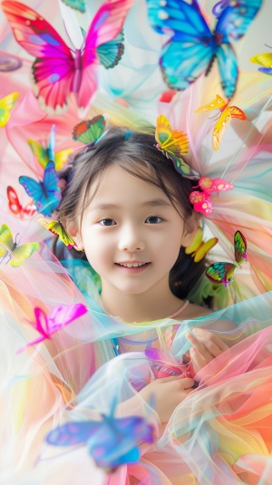 Beautiful style, colorful abstract thin gauze resembling beautiful petals, blending with the beautiful 6-year-old Chinese girl, smiling towards the camera, and colorful butterflies dancing