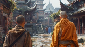 远处，中国传统砖墙寺庙里，一个中年光头和尚，和一位年轻男人，穿着朴素，头发扎起来， 背对着屏幕交谈。4K超高清，古朴风