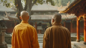远处的传统寺庙里的中年光头和尚和年轻男人交谈的4K超高清画面