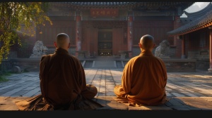 远处的传统寺庙里的中年光头和尚和年轻男人交谈的4K超高清画面