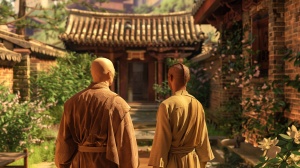 远处，中国传统砖墙寺庙里，一个中年光头和尚，和一位年轻男人，盘头发，穿着朴素，古装， 背对着屏幕交谈。4K超高清，古朴风