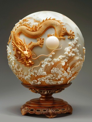 金色龙的古董金色雕塑，32k uhd风格，球形雕塑，massur写实主义，shin hanga，precisionist艺术，木雕塑家，浅白色和浅橙色