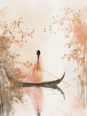 Chinese painting nature illustration,beautiful lakes and bamboos, an ancient Chinese girl wearing traditional Chinese clothing, standing on a delicate boat, in the style of ethreal dreamscapes, gold, pink and aquamarine, layered imagery with subtle cream, historical illustrations, detailedarchtecture painting ar 9:16 v 6.0s 500 iw 2-#AI #国风 #东方美学 #AI绘画有点东西 #背景素材 #国风古韵 #AI插画 #Ai绘画