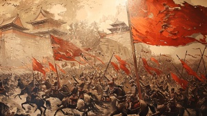 唐朝时期的战场，士兵们严阵以待，旗帜飘扬