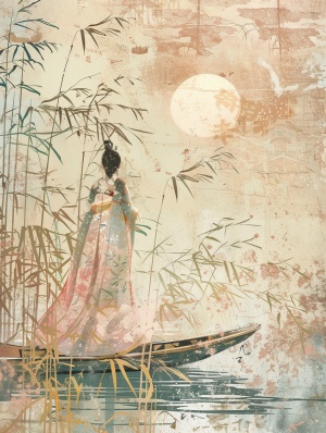 Chinese Painting of Ancient Girl on Delicate Boat in Ethereal Dreamscapes