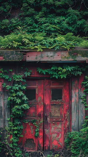 纹影摄影: 带有红色门的粗糙木屋