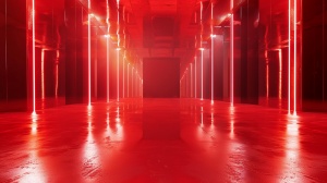 红色舞台，光滑的地面，对称画幅，广角，简约有镜面的光感